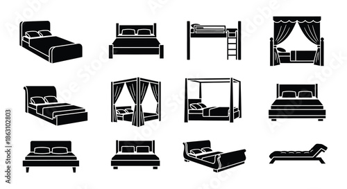 Variety of bed and furniture icons in a minimalist black and white style