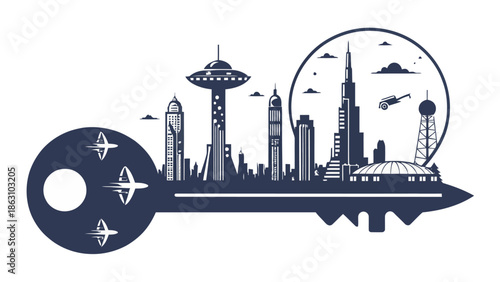 Modern cityscape integrated into a giant key design with futuristic elements