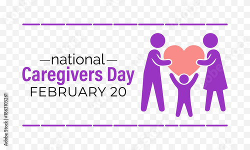 National Caregivers Day awareness design featuring a purple ribbon with a heart and hand symbol. Banner poster, flyer and background design template. Vector illustration. Eps 10.