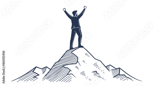 Confident businessman celebrating success on mountain peak triumphantly