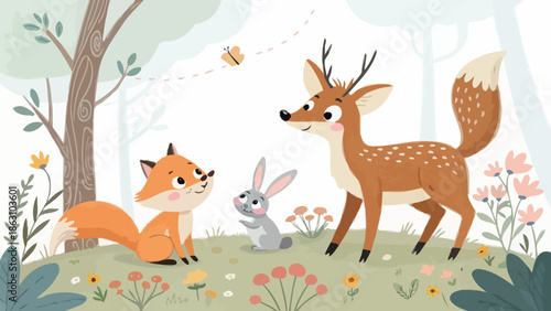 Friendly forest animals playing together in a sunny meadow