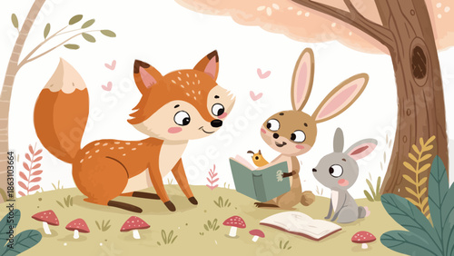Whimsical forest friends reading together in nature