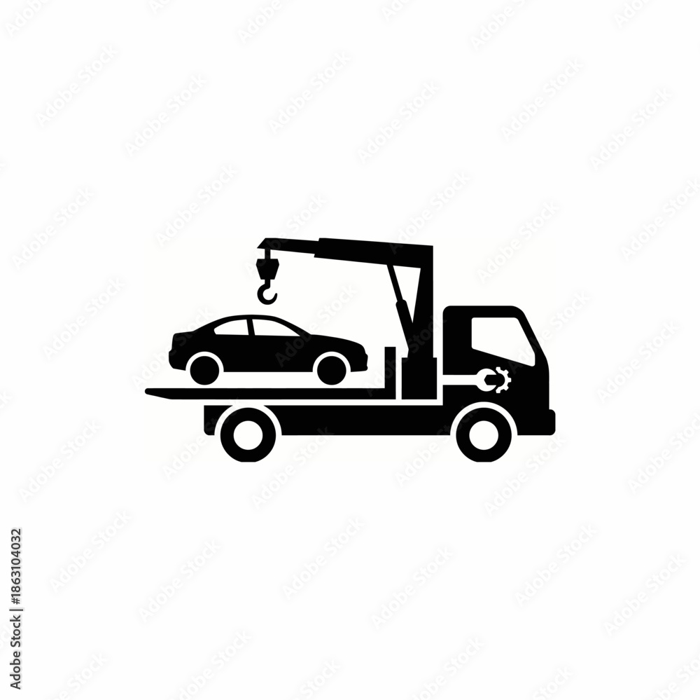 Fototapeta premium Black silhouette of a tow truck with a crane mechanism carrying a disabled car on its flatbed, symbolizing vehicle recovery and roadside assistance.