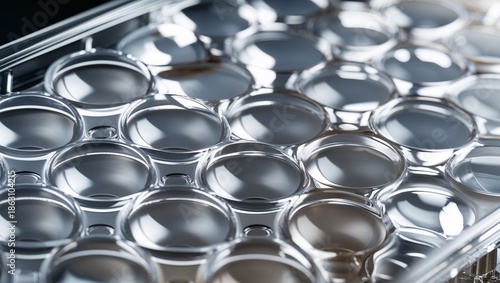 transparent microplate wells close up for laboratory screening background
