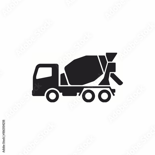Black silhouette of a concrete mixer truck, a heavy vehicle used in construction for mixing and transporting concrete to job sites.