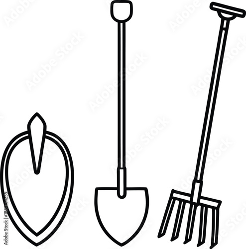Farming tools illustration sickle spade hoe line art