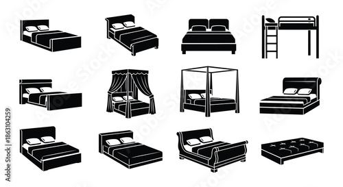 Variety of bed and furniture icons in a minimalist black and white style