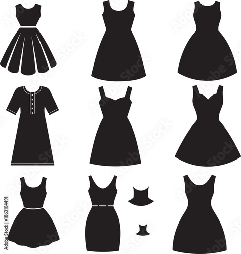 Vector illustration showing a fashion collection of women dresses and clothing items in a stylish set
