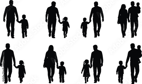 Silhouettes of parents walking with children, holding hands, family bonding, childcare, parenting concept, black vector illustration, isolated white background