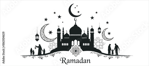 Ramadan Kareem Border, Islamic art Style Background. Symbols of Ramadan Mubarak, Hanging Gold Lanterns, Arabic lamps, lanterns moon, star, art vector and illustration