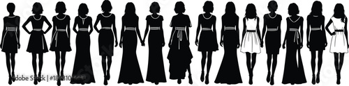 Silhouettes of fashionable women in diverse dress styles, showcasing modern outfit variety, elegance, and clothing design for fashion illustration.