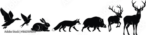 Wild forest animal silhouettes in motion and rest, including deer, fox, rabbit, boar, duck, bird — nature wildlife vector illustration