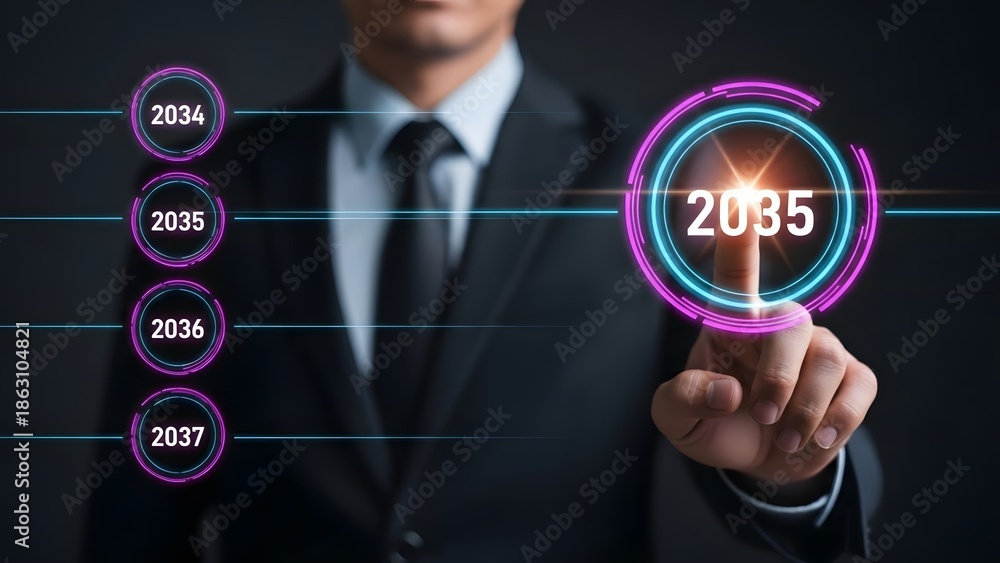 Fototapeta premium businessminteracts with holographic interface, selecting the year 2035 for future planning and foresight.