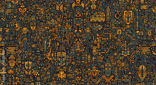 An elaborate, shimmering pattern of countless tiny golden and teal abstract symbols forms a dense, visually stimulating digital mosaic, perfect for modern design.