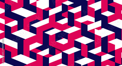 A dynamic abstract isometric pattern of interconnected geometric blocks in deep blue, magenta, and white, creating a modern digital background.