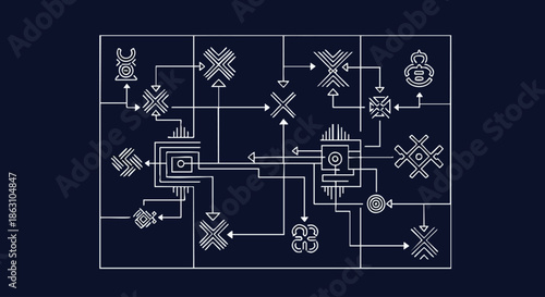 This intricate abstract blueprint diagram displays a complex network of unique symbols and interconnected pathways, visualizing data flow, algorithms, and advanced technology.