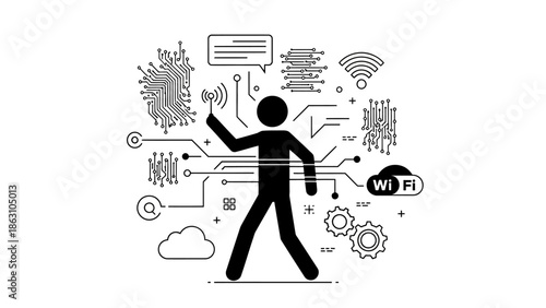 Dynamic human figure engaged in mobile communication and technological connectivity, surrounded by Wi-Fi and circuit elements on an isolated white background.