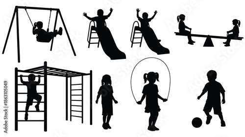Children enjoying playground fun with swings slides and games silhouette