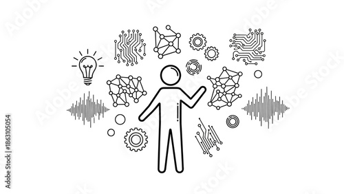 Person Engaged in Creative Problem-Solving and Technological Connection with Ideas and Networks, Isolated White Background