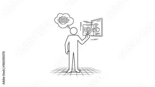 Person Studying Programming Concepts and Binary Code from a Document, Isolated White Background