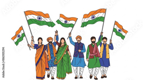 People in traditional indian clothing holding indian flags, celebrating republic day or independence day, with a patriotic atmosphere, colorful attire, and joyful