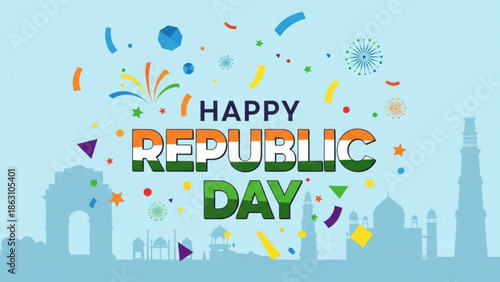 Vibrant happy republic day celebration background with colorful confetti and cityscape silhouette on light blue with india and indian republic day