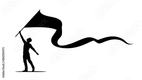 A person holding a large waving flag in a victorious or celebratory gesture on a plain white background with a black silhouette with victory