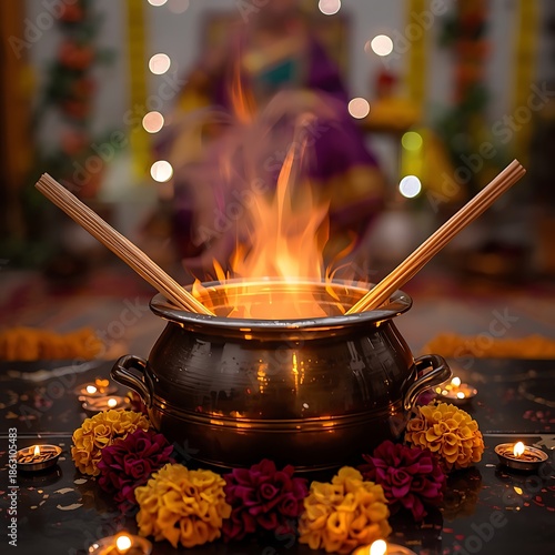 Traditional Indian Diwali ceremony with burning pot and flowers
