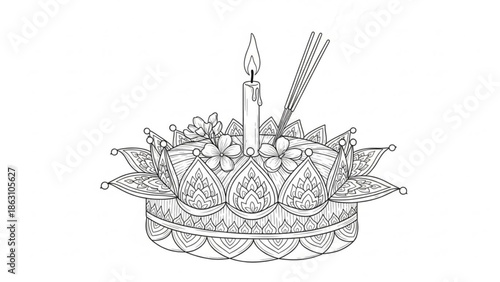 A black and white line drawing of a decorative cake with a lit candle and incense sticks on top surrounded by flowers and leaves for a festive or celebratory occasion