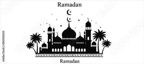 Ramadan Kareem greeting cards set. Ramadan Islamic holiday invitations templates collection with gold crescent moon, hand drawn lettering and mosque. Vector illustration.