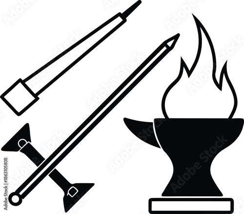 Classic blacksmith tools with fire and Hammer silhouette