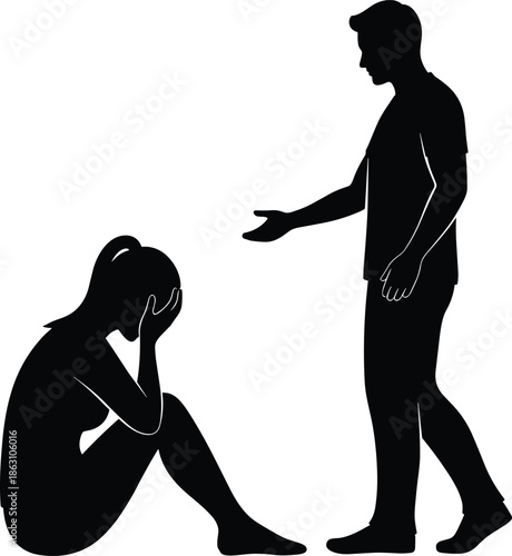 Silhouette of person offering emotional support to distressed individual, mental health care, empathy, depression help, compassion, communication concept illustration