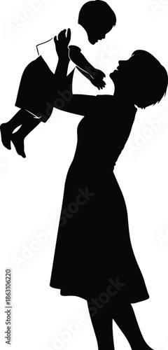 Silhouette of parent lifting child in air, joyful family moment, bonding, love, care, parenting, happiness, connection, black vector art