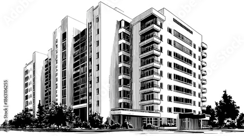 Modern apartment building illustration, urban residential architecture drawing, high-rise complex, city living, housing concept art