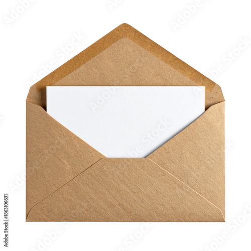 Brown Envelope with White Card Partially Visible, Front View, Isolated on Transparent Background