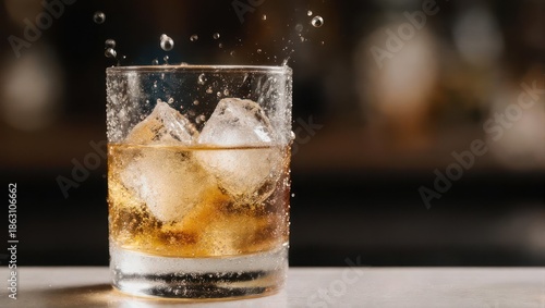 Wallpaper Mural Whiskey glass with ice cubes and splashing liquid on a bar counter. Torontodigital.ca