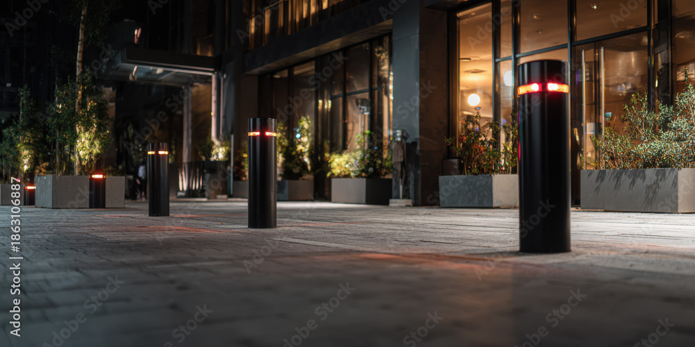 Obraz premium Modern Security Bollards Night Urban Entrance Lighting