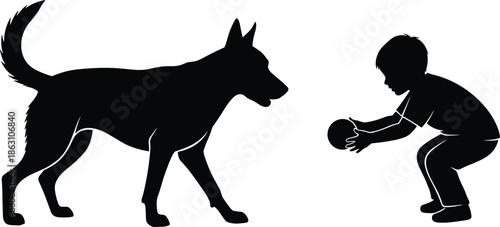 Silhouette of child playing with dog holding ball, outdoor friendship moment, pet interaction, emotional bond, black vector illustration