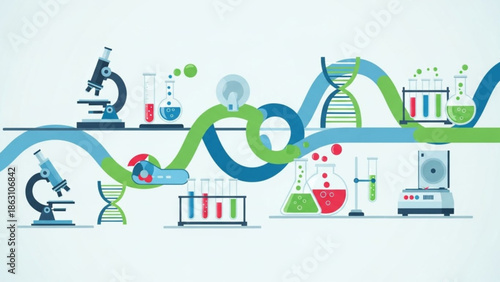 Genetic engineering laboratory equipment with microscopes, test tubes and dna models in a colorful illustration for science and research concepts