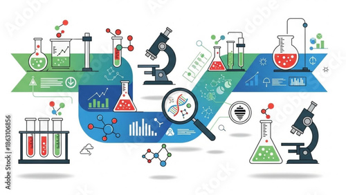 Science laboratory equipment and symbols in a colorful infographic design with microscopes, beakers, test tubes, and molecular structures on a white background
