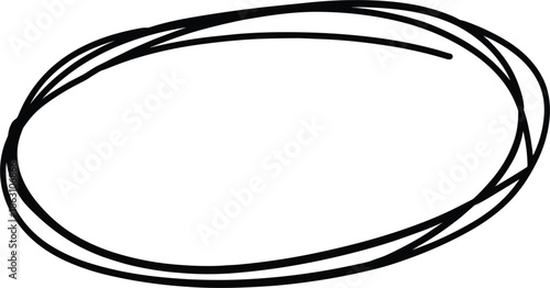 Hand drawn black ink sketch of an oval circle, highlighting frame for emphasis and correction mark, vector