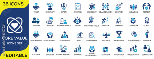 Core value icon set featuring trust, leadership, teamwork, innovation, growth, responsibility, diversity and productivity concepts. Modern flat vector icons with editable stroke, ideal for business pr