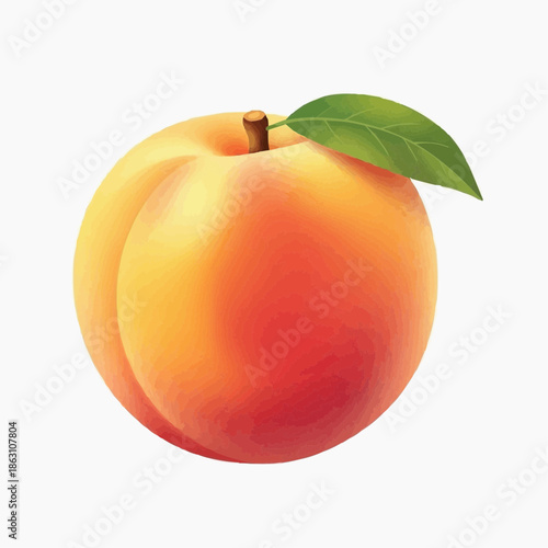 A vibrant peach with a green leaf on a white background