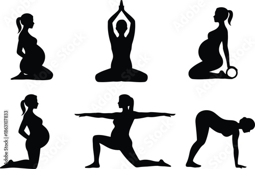 Array of black silhouettes depicting pregnant women in different yoga and stretching postures on a white background