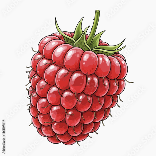 A vibrant illustration of a ripe red raspberry with green leaves