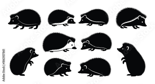 A collection of black and white hedgehog silhouettes in various poses