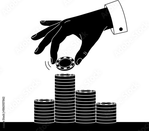 Man hand putting casino chip on stack. Business and finance investment strategy, growth, risk, profit. Gambling concept. Black, white vector illustration