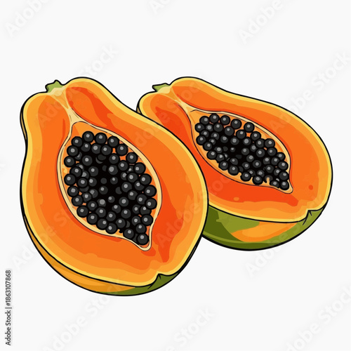 A colorful illustration of two halves of a ripe papaya fruit