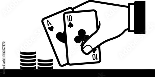 Man hand holding playing cards with aces and clubs next to chip stack on casino table. Gambling game concept. Vector symbol