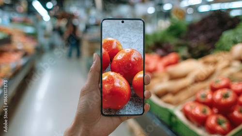 Smartphone Grocery Shopping Fresh Produce In Supermarket